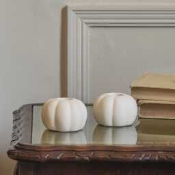 2 Matte White Ceramic Pumpkin Taper Candle Holders - thumbnail 2