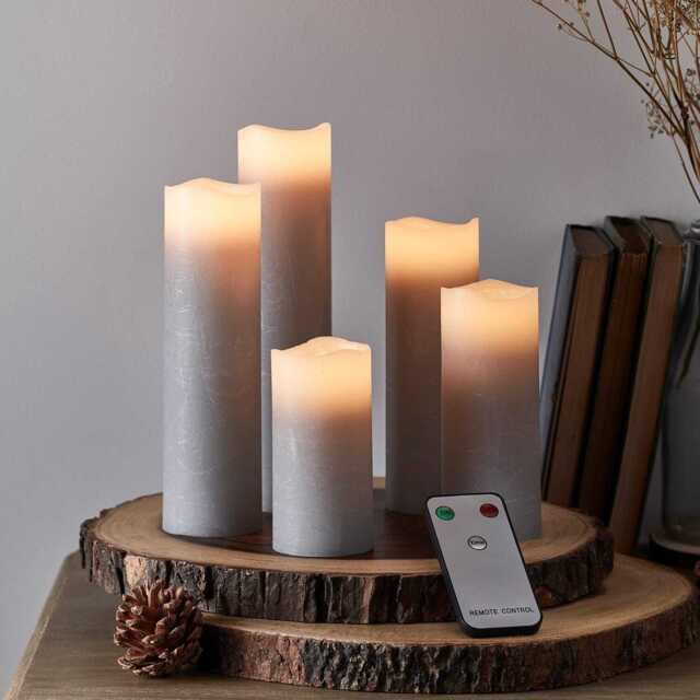 Set of 5 Grey Slim LED Pillar Candles with Remote Control - image 1