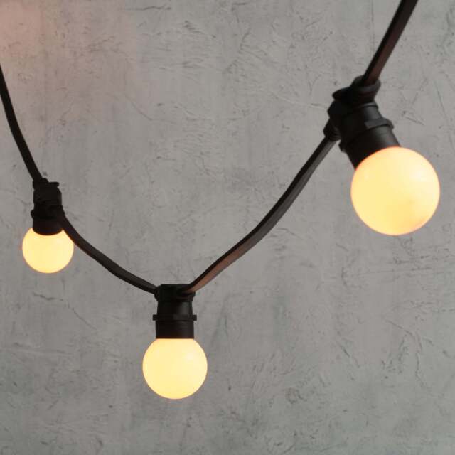 Plus Connect 10m 20 Warm White Connectable Festoon Lights G60 Bulb Frosted Cap Black Cable