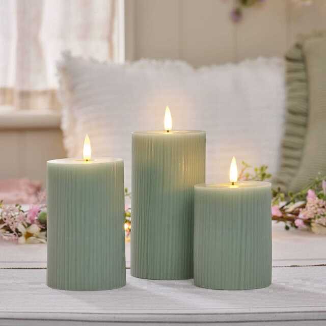 TruGlow® Sage Green Ribbed LED Pillar Candle Trio with Remote Control - image 1