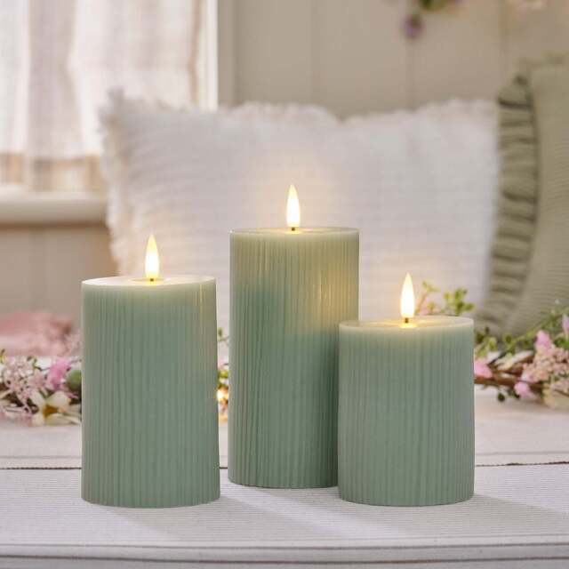 TruGlow® Sage Green Ribbed LED Pillar Candle Trio with Remote Control - image 1