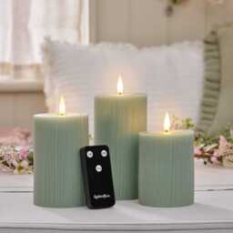 TruGlow® Sage Green Ribbed LED Pillar Candle Trio with Remote Control - thumbnail 2