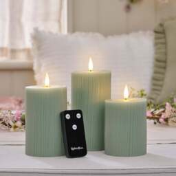 TruGlow® Sage Green Ribbed LED Pillar Candle Trio with Remote Control - thumbnail 2