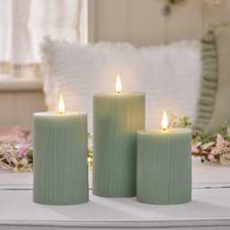 TruGlow® Sage Green Ribbed LED Pillar Candle Trio with Remote Control - thumbnail 1