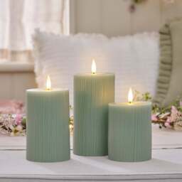 TruGlow® Sage Green Ribbed LED Pillar Candle Trio with Remote Control - thumbnail 1