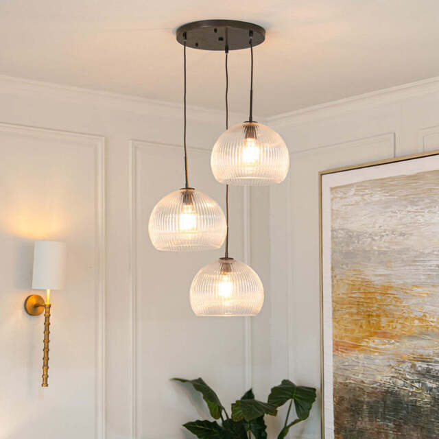Astley Three Pendant - Dark Bronze, Fitting with Bulb & Large Ellyn Shade
