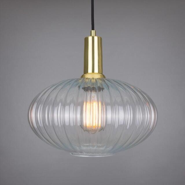 Neith Oval Reeded Glass and Brass Pendant 30cm - Mullan Lighting, 100cm