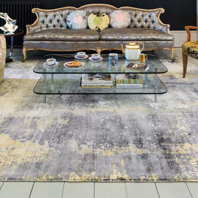 Abstract Screen Printed Hand Woven Rug - Gold, 120 x 170cm