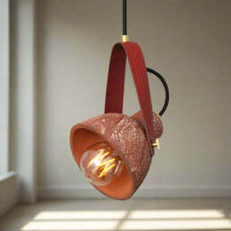 Pera Ceramic Pendant with Rescued Fire Hose Strap - Red Iron - Mullan Lighting, 300cm