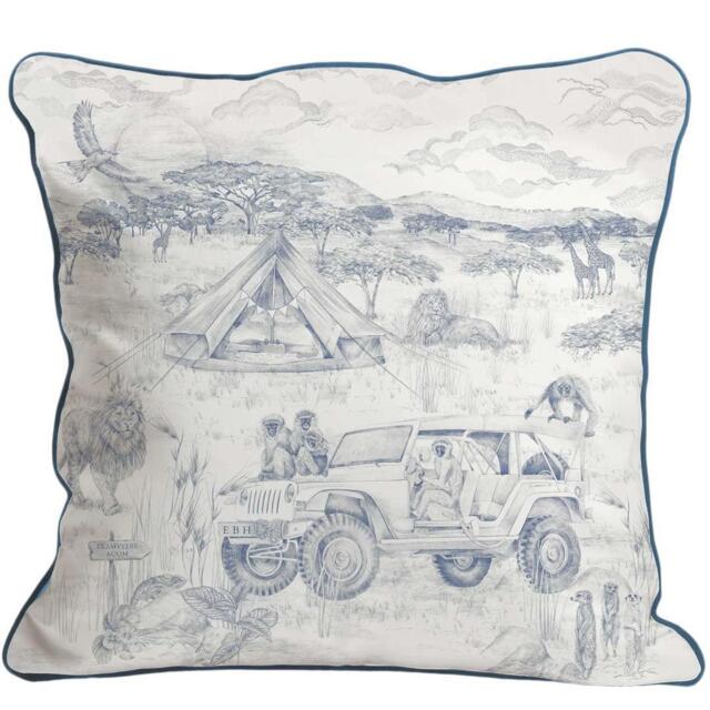 Personalised - Lyons Den Monkeys in a Jeep Cushion - Victoria Sanders, Baby Blue