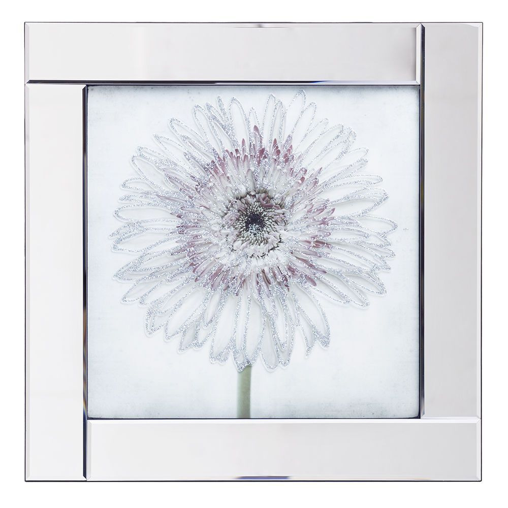 Square Mirror Picture Frame with Gerbera Glittered Daisy Illustration - Silver