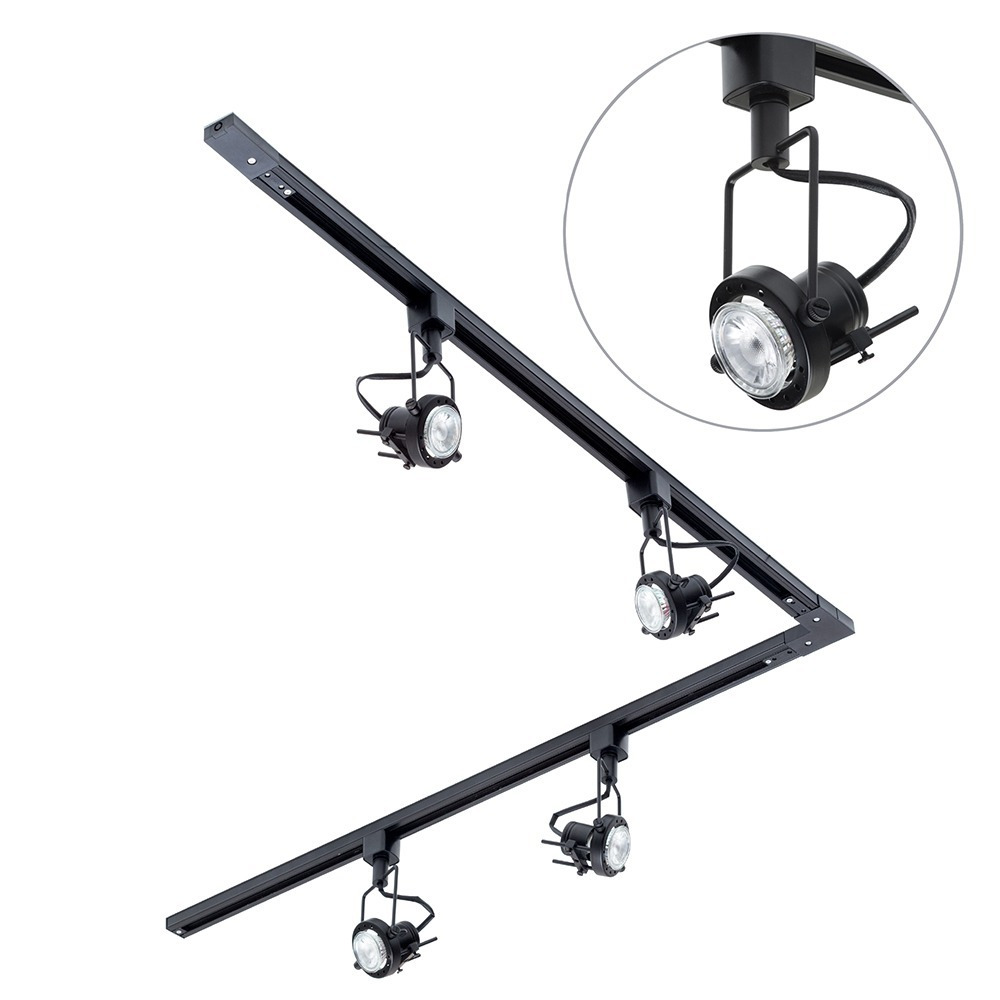 2 metre L Shape Track Light Kit with 4 Greenwich Heads and LED Bulbs - Black - image 1