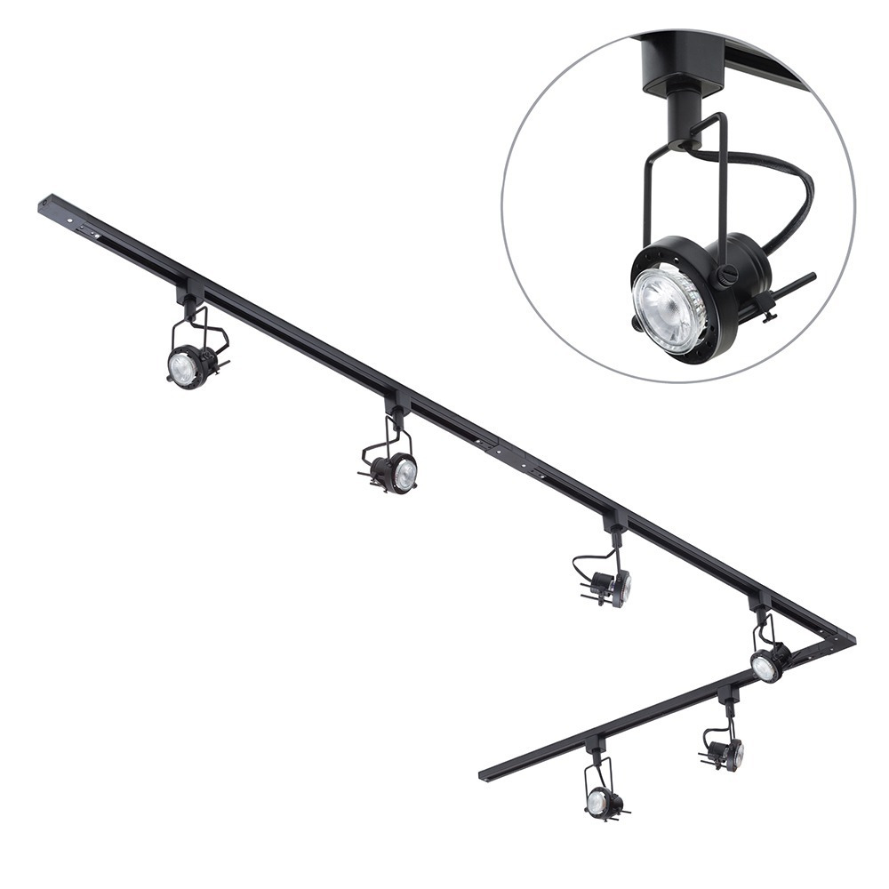 3 metre Long L Shape Track Light Kit with 6 Greenwich Heads and LED Bulbs - Black - image 1