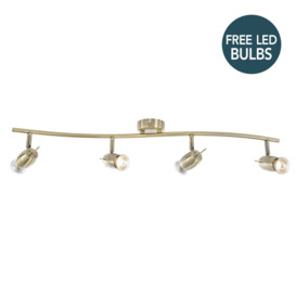 Frank 4 Light Wavy Ceiling Spotlight Bar with Free LED's - Antique Brass - thumbnail 1