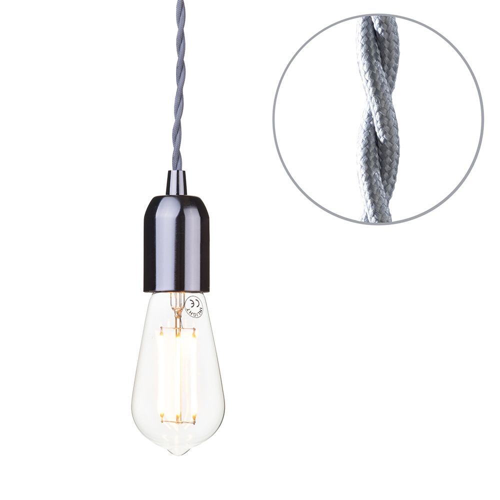 Grey Braided Cable Kit with Nickel Fitting & 6 Watt LED Filament Teardrop Light Bulb - Clear - image 1