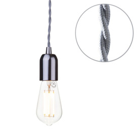 Grey Braided Cable Kit with Nickel Fitting & 6 Watt LED Filament Teardrop Light Bulb - Clear - thumbnail 1