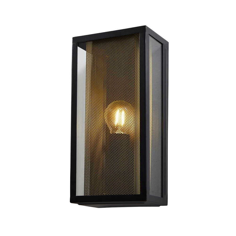 Merlin Outdoor Box Lantern Wall Light with Brass Mesh Insert - Black - image 1