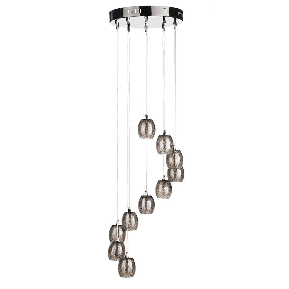10 Light Circular Ceiling Pendant Cluster with Crackled Glass Shades - Black Chrome - image 1