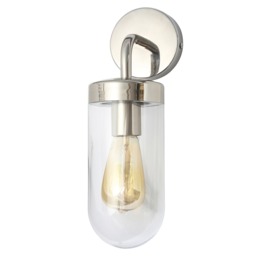 Reeth Outdoor Industrial Style Curved Arm Wall Light - Polished Steel - thumbnail 1