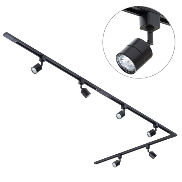 3m Long L Shape Track Light Kit with 6 Soho Heads and LED Bulbs - Black - image 1