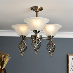 Alabaster 3 Light Spiral Semi Flush Ceiling Light - Antique Brass - thumbnail 7