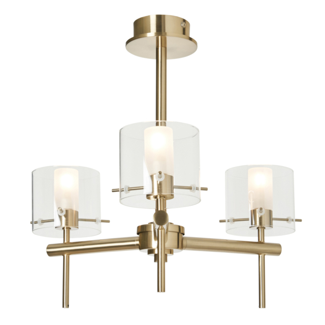 Lincoln 3 Light Bathroom Semi Flush Ceiling Light with Cylinder Glass Shades - Satin Brass - image 1