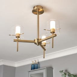 Lincoln 3 Light Bathroom Semi Flush Ceiling Light with Cylinder Glass Shades - Satin Brass - thumbnail 5