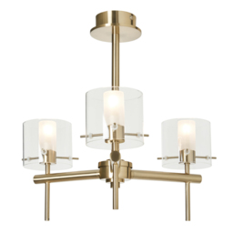 Lincoln 3 Light Bathroom Semi Flush Ceiling Light with Cylinder Glass Shades - Satin Brass - thumbnail 1