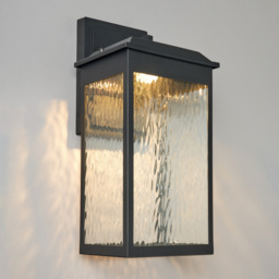 Saxon Large LED Outdoor Wall Light with Water Ripple Glass - Black - thumbnail 2