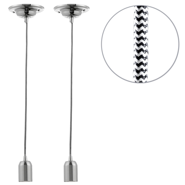2 Pack of Decorative Twisted Braided Cable Nickel Light Fittings - Herringbone Black & White - image 1