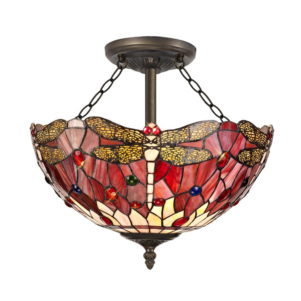 Tiffany by Tiff 3 Light 40cm Dragonfly Semi Flush Ceiling Light - Red and Antique Brass - image 1