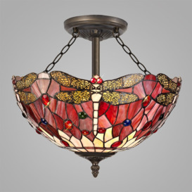 Tiffany by Tiff 3 Light 40cm Dragonfly Semi Flush Ceiling Light - Red and Antique Brass - thumbnail 2
