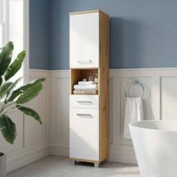 Veris Tall Narrow Bathroom Cupboard with 2 Doors & 1 Drawer in Artisan Oak and Light Grey - thumbnail 5