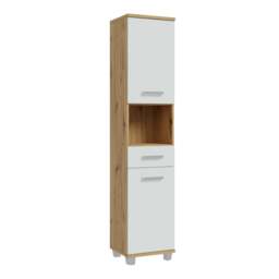 Veris Tall Narrow Bathroom Cupboard with 2 Doors & 1 Drawer in Artisan Oak and Light Grey - thumbnail 1
