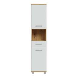Veris Tall Narrow Bathroom Cupboard with 2 Doors & 1 Drawer in Artisan Oak and Light Grey - thumbnail 2