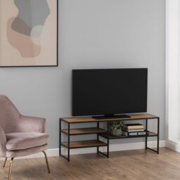 Seaford Black Metal Open TV Unit with 3 Oak Shelves - thumbnail 1