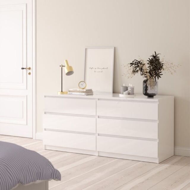 Naia Wide Chest with 6 Drawers in White High Gloss - image 1