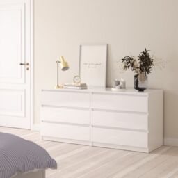 Naia Wide Chest with 6 Drawers in White High Gloss - thumbnail 1