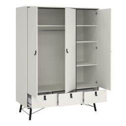 Ry 3 Door 3 Drawer Wardrobe in Matt White – Stylish Bedroom Storage - thumbnail 3