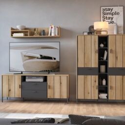 Arundel TV Cabinet 2 Door 2 Drawer 158cm Wide in Oak/Grey - thumbnail 1