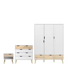 Oslo Package - Bedside 1 Drawer + Chest of 5 Drawers (2+3) + Wardrobe 3 Doors 3 Drawers in White and Oak