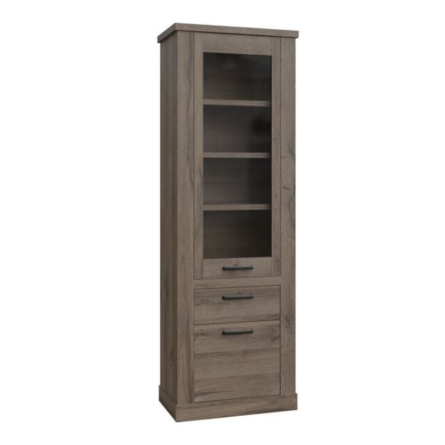 Corona Narrow Display Cabinet with 2 Doors, 1 Drawer and 3 Shelves in Tabak Oak Finish - image 1