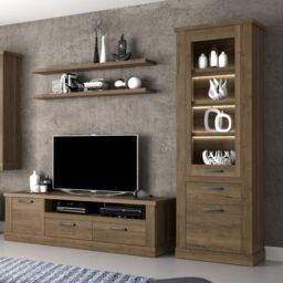 Corona Narrow Display Cabinet with 2 Doors, 1 Drawer and 3 Shelves in Tabak Oak Finish - thumbnail 5