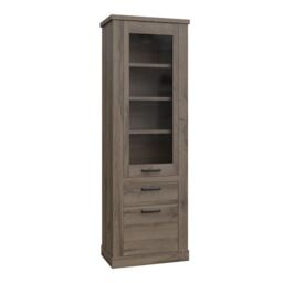 Corona Narrow Display Cabinet with 2 Doors, 1 Drawer and 3 Shelves in Tabak Oak Finish