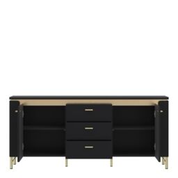 2 Door 3 Drawer 155cm Wide TV Cabinet in Black Matt & Gold – Genoa Collection - thumbnail 2