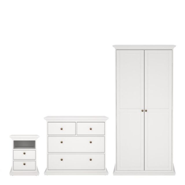 Paris 3 Piece Bedroom Furniture Package – 2 Drawer Bedside, 4 Drawer Chest & 2 Door Wardrobe in White - image 1