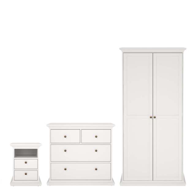 Paris Package - Bedside 2 Drawers + Chest of 4 Drawers + Wardrobe with 2 Doors White - image 1