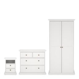 Paris 3 Piece Bedroom Furniture Package – 2 Drawer Bedside, 4 Drawer Chest & 2 Door Wardrobe in White - thumbnail 1