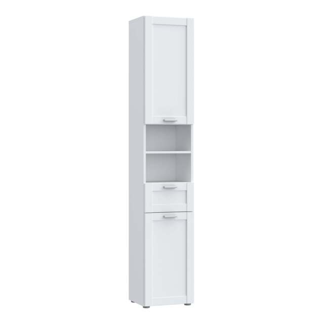 Lokko Tall Narrow Bathroom Cabinet with 2 Doors & 1 Drawer with Silver Handles in White - image 1