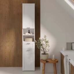 Lokko Tall Narrow Bathroom Cabinet with 2 Doors & 1 Drawer with Silver Handles in White - thumbnail 5